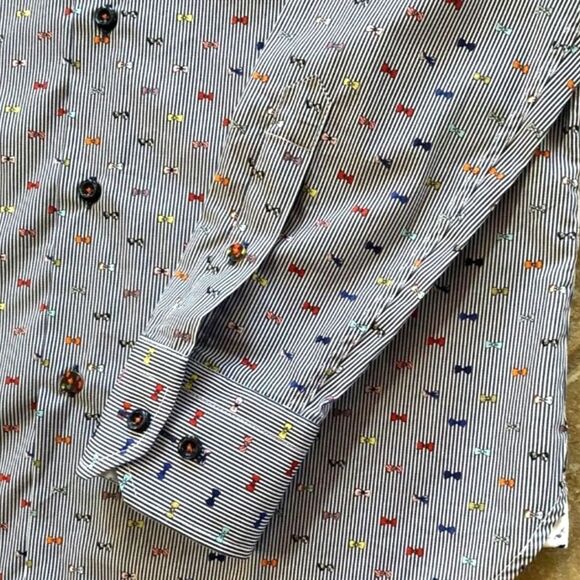 Luchiano Visconti Navy White Striped Multicolor Bow-Tie Print Dress Shirt XXL - Picture 10 of 15